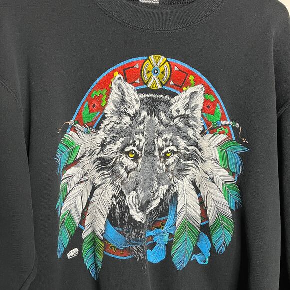 Vintage 80s 90s Wolf Sweatshirt Men's M Black Crewneck Feathers Native American - Picture 2 of 5
